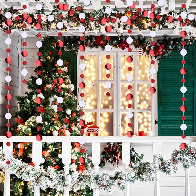 Outus 10 Pieces Red Round Dots Garland Graduation Party Hanging Decor Each Length 13.1ft Glitter Paper Dot Streamers for Birthday Wedding Classroom Supplies (White)