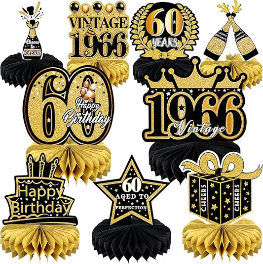 9 Pcs 60th Birthday Decoration for Men Women 60th Birthday Centerpieces for Tables Cheers to 60 Years Birthday Honeycomb Decor Birthday Table Topper Black and Gold 60th Birthday Party Favors
