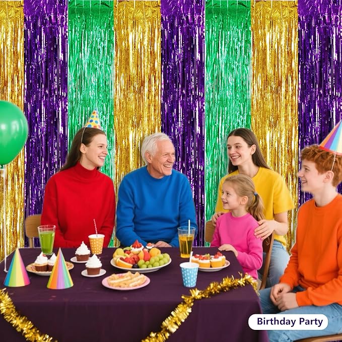 BEISHIDA 3Pcs Green Gold Purple Door Streamers Backdrop Foil Fringe Tinsel Curtains Backdrops for Birthday Baby Shower Carnival Mardi Gras Party Decoration (3.28 ft x 6.56 ft)
