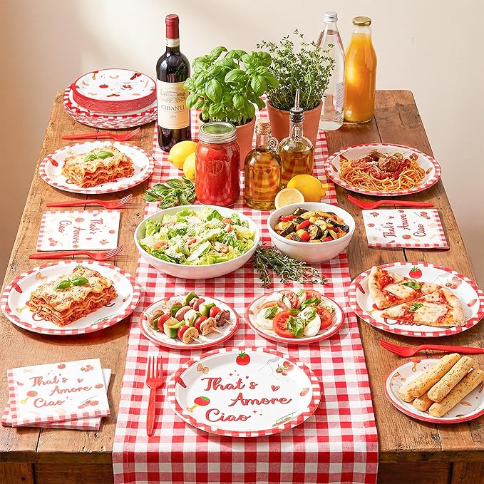 Haooryx Baby Pasta Noodle Party Tableware - 96 Pcs Red Tomato Italian Noodle Baby Print Decor Disposable Paper Plates Napkins Plastic Forks for Baby Shower Boys Girls Birthday Party Table Decor Supply