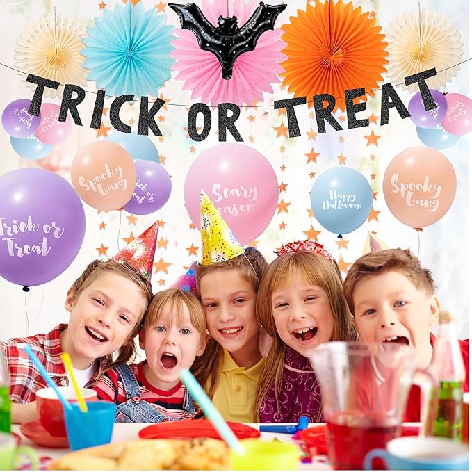 Cheerland Halloween Balloons Colorful Halloween Party Decoations Bat Garlands Pastel Halloween Decor Cute Ceiling Backdrop Photobooth Decor Star Streamers TTrick or Treat Banner Orange Paper Fan 23pcs