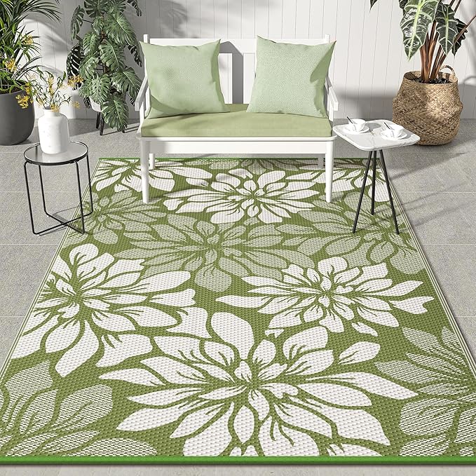 GENIMO Outdoor Rug Waterproof for Patio Decor, 6' x 9' Reversible Plastic Straw Floral Camping Carpet, Large Area Rugs Mats for RV, Camper, Deck, Balcony, Porch, Beach, Picnic, Green & Beige