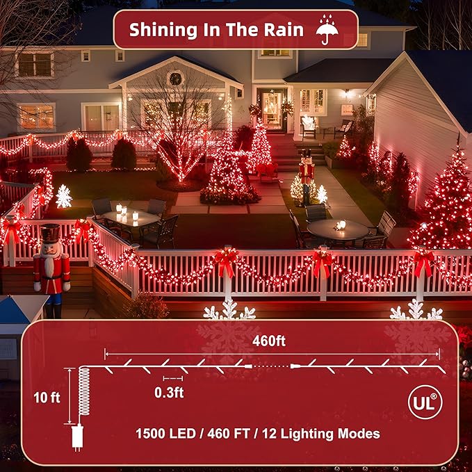 470ft Outdoor Valentines Lights, 1500 LED Valentines Day Decorations 12 Modes & Timer Memory, Dimmable Waterproof for Xmas Tree Garden Wedding Party