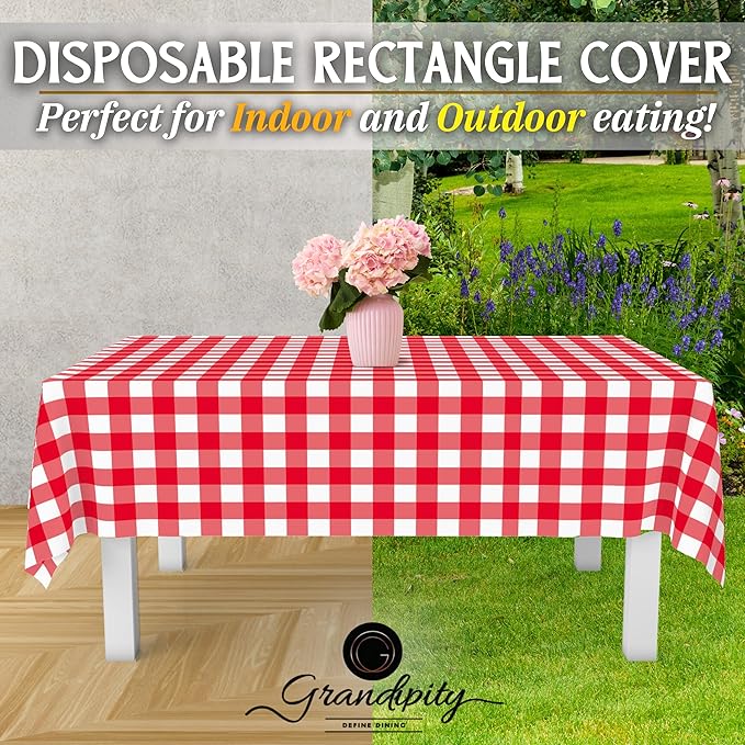 Grandipity Red Gingham Checkered Plastic Table Cloth Disposable (6 Pk) 54in x 108in Plastic Tablecloths for Rectangle Tables - Premium Party Table Cloths Disposable for 6ft to 8ft Rectangle Tables