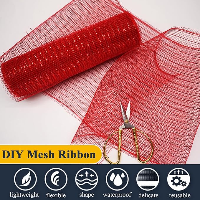 2 Pcs Red Deco Mesh Ribbon Rolls 10 Inch 10 Yards(30 ft) Decorative Mesh Fabric with Foil for Wreaths Christmas Tree Ribbon Door DIY Craft Halloween Decor Wedding Party Supplies (Red, 2Pcs)
