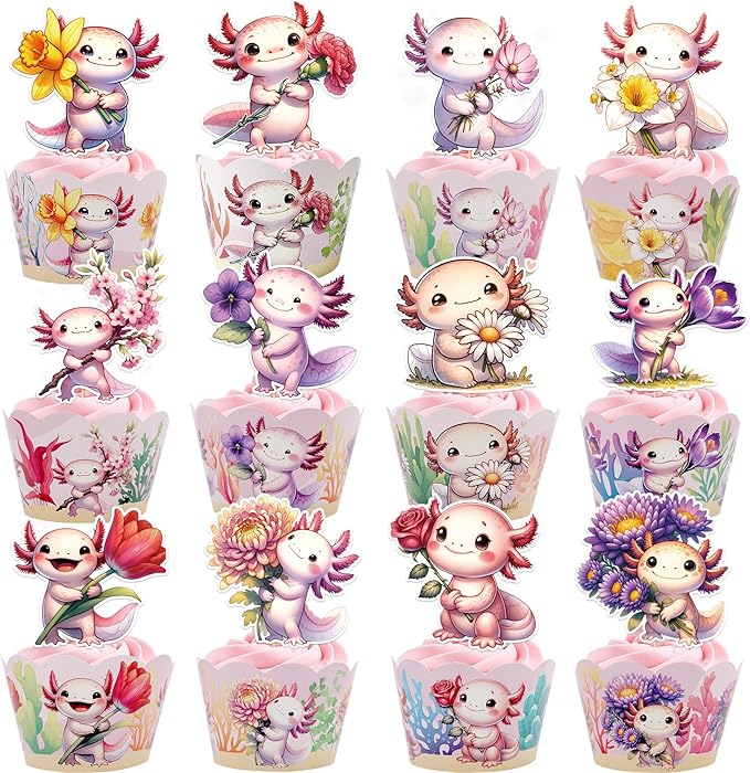 Pink Axolotl Birthday Decorations -48 Pcs Cute Cartoon Animal Axolotl Theme Cupcake Toppers Wrappers Set, Happy Birthday Party Baby Shower Supplies Photo Background Table Decor for Girls Kids