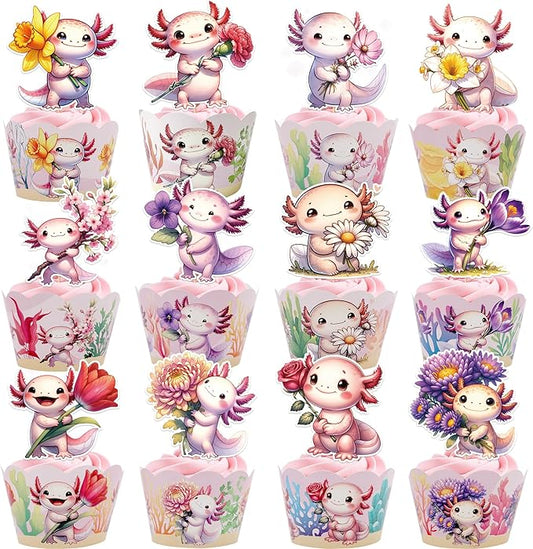 Pink Axolotl Birthday Decorations -48 Pcs Cute Cartoon Animal Axolotl Theme Cupcake Toppers Wrappers Set, Happy Birthday Party Baby Shower Supplies Photo Background Table Decor for Girls Kids
