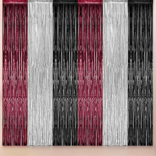 KatchOn, Burgundy Black and Silver Foil Fringe Curtains – Pack of 6 | Tinsel Backdrop for Bridal Shower, Bachelorette Party Decorations | Streamer Backdrop for Christmas, Halloween Decorations Indoor