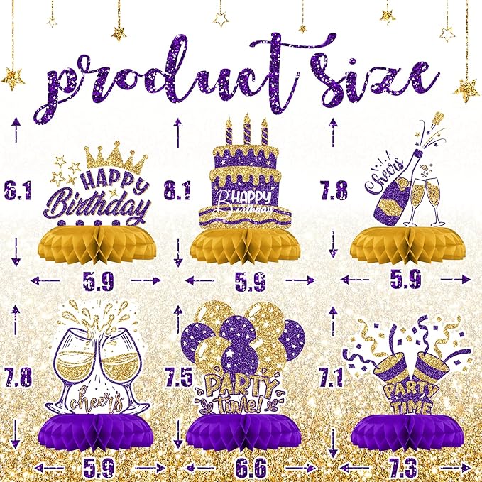 Purple and Gold Birthday Decorations – 12PCS Honeycomb Table Centerpieces for Women Adults – Happy Birthday Table Decor Party Supplies