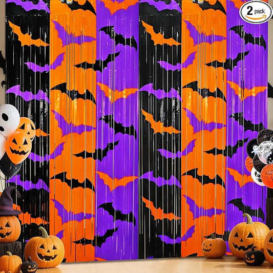 Halloween Party Decorations, 2 Pack Halloween Foil Fringe Curtains 3.3 X 6.6 ft, Orange Purple Black Bat Pattern Halloween Party Backdrop Photo Booth Props Streamers Halloween Birthday Party Supplies