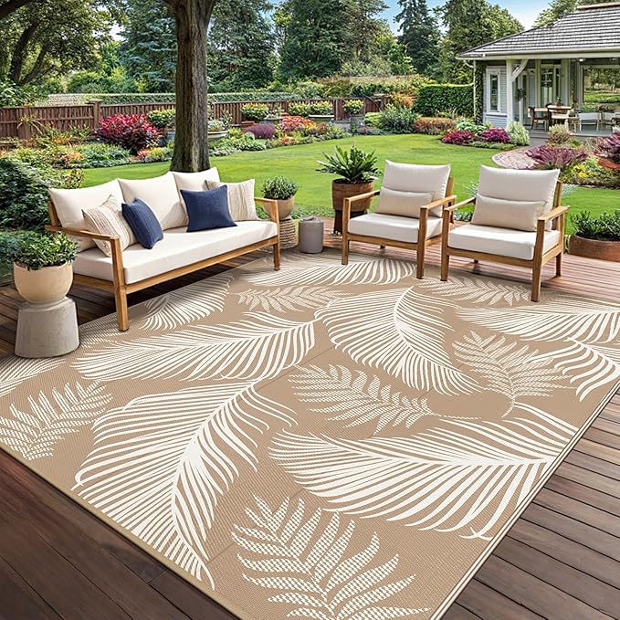 Pauwer Waterproof Outdoor Rug 8x10, Reversible Plastic Straw Patio Camping Rug, Indoor Outdoor RV Mat Carpet for Deck, Camper, Porch, Balcony, Backyard, Picnic, Leaf Brown