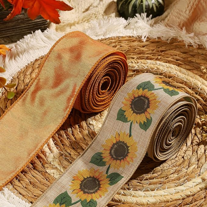 LaRibbons Fall Burlap Plaid Ribbon Wired 2 1/2" x 6 Yards 2 Rolls Reversible Sunflower Dupioni Ribbon for Autumn Wreath Thanksgiving Christmas Farm Gift Wrapping Home Decor