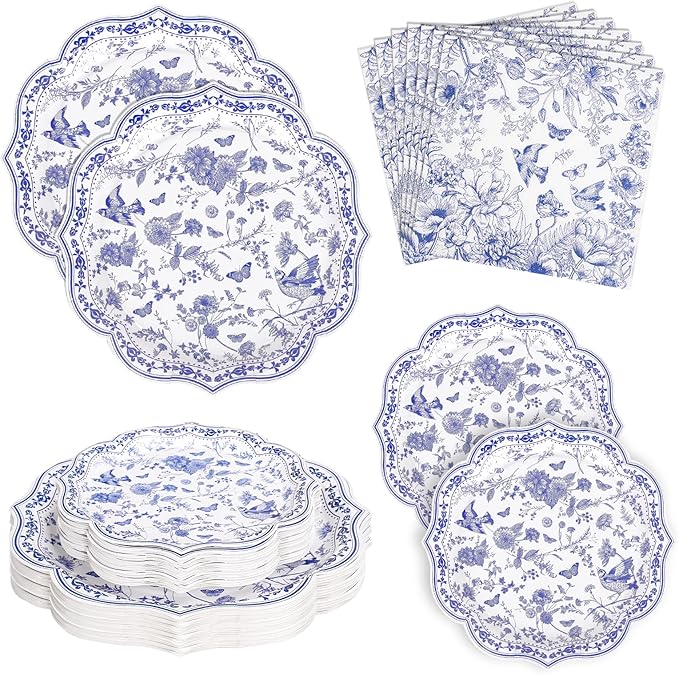FYSUIMU 60 Pcs Blue White Floral Tableware Set Chinoiserie Flower Bird Scalloped Disposable Plates and Paper Napkins for 20 Guests Wedding Birthday Party Table Supplies