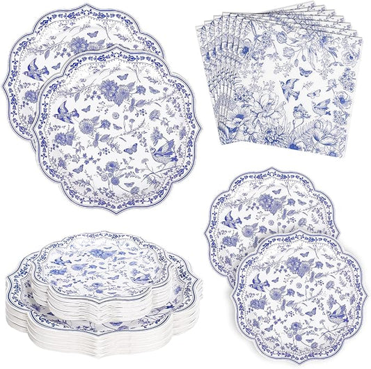 FYSUIMU 60 Pcs Blue White Floral Tableware Set Chinoiserie Flower Bird Scalloped Disposable Plates and Paper Napkins for 20 Guests Wedding Birthday Party Table Supplies