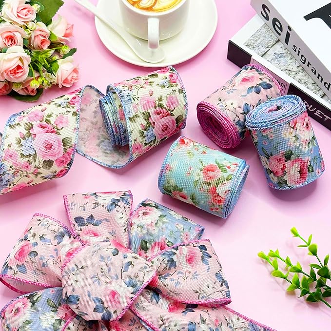 Spring Floral Wired Edge Ribbon, Watercolor Vintage Flower Ribbon with Pink Rose Design Ribbon for Wreath, Bow Making, DIY Crafts, Wrapping and Making Rose Petals,4 Rolls, 20 Yard (Pink-Blue)
