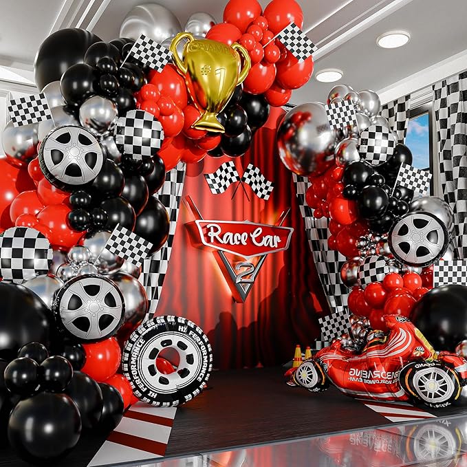 ALL-IN-1 Race Car Balloon Arch Kit with BONUS Trophy & RaceCar - Cars Balloon Garland Kit for Race Car Theme Birthday Party Supplies & Hot Wheels Balloons Race Cars Decorations