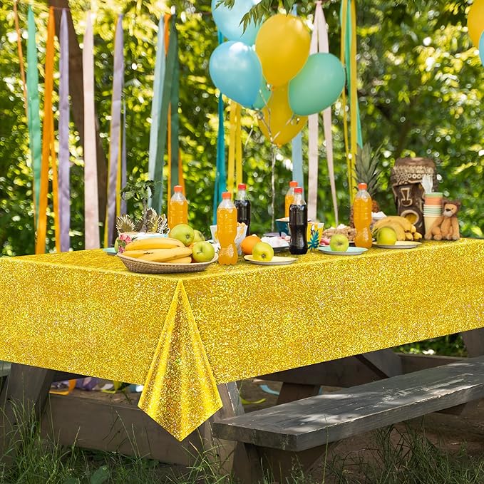 Just Shimmer Sparkling Holographic Laser Tablecloth - Shimmering, Waterproof, Easy to Clean - Ideal for Bachelorette, Mermaid, Birthday, Wedding, and Anniversary Party Decorations (Gold & Silver, 2)