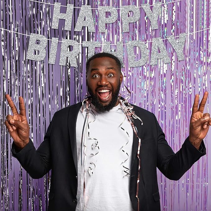 Pre-strung Happy Birthday Banner - No DIY - Silver Glitter Birthday Party Banner for Men & Women - Pre-strung Garland on 8 ft Strands - Silver Bday Party Decorations & Decor. Did We Mention No DIY