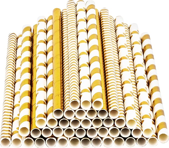 Paper Straws 200 Pack Biodegradable Gold 8.25" Straw for Everyday/Birthday Party/Bridal Shower/Wedding/Anniversary and Parties, 4 Beautiful Patterns, Long Lasting - by DuraHome (Gold)