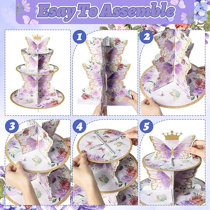 Haooryx Purple Butterfly Cupcake Stand Decoration - 3-Tier Butterfly Floral Crown Cupcake Tower Cardboard Candy Dessert Holder for Spring Butterfly Party Supplies Girl Women Birthday Party Table Decor