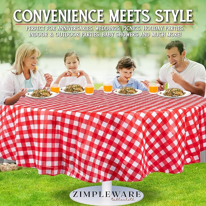 ZIMPLEWARE Premium Red Gingham Checkered Plastic Table Cloth Disposable (12 Pack) Round Tablecloth (84in) Party Table Cloths Disposable, Perfect Table Cloth Round Cover for Any Table Up to 6 Feet