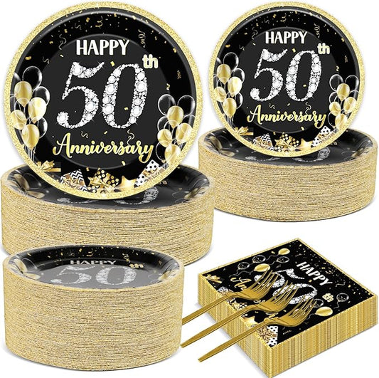 50 Guests 50th Anniversary Plates Napkins Party Supplies Employee Career Wedding Party Decoration Disposable Paper Cake Tableware Sets Party Dinnerware Favors Fiftieth Anniversary, 200PCS