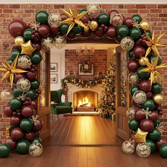 Winter Christmas Garland decorations with Maroon Hunter Green Gold confetti Balloon arch & Foil Star balloons & Artificial Snowflake Xmas Garland for wine red friendsmas new year party decorations