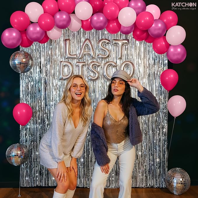 KatchOn, Big Silver Fringe Backdrop Set - 3.2x6.5 Feet, Pack of 52 | Silver Streamer Backdrop and Pink Latex Balloons | Fringe Curtain for Engagement, Disco, Wedding, Anniversary, Birthday Decoration