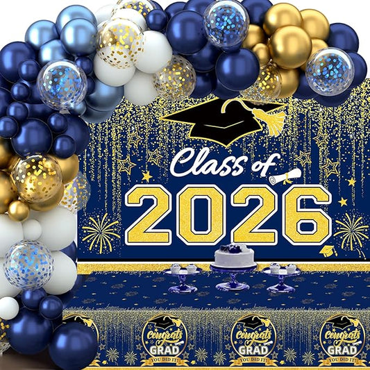 Graduation Decorations 2026, Blue and Gold Balloon Garland Arch, Navy Blue Graduation Decorations with Congrats Grad Tablecloth and Class of 2026 Backdrop for High School College Grad Party Supplies