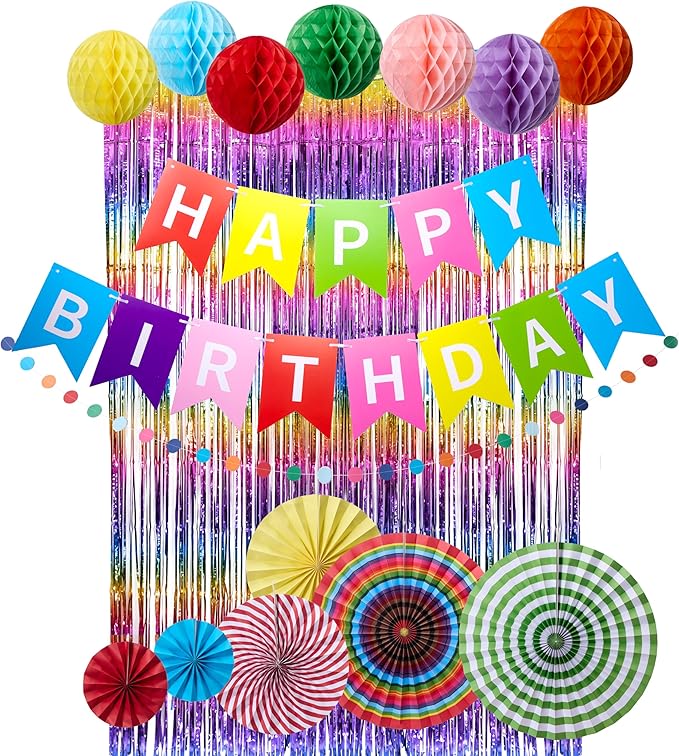 Rainbow Birthday Party Decorations Kit, 16 PCS Colorful Happy Birthday Banner with Foil Fringe Curtain, Paper Fans, Honeycomb Balls and Circle Dots Garland, Photo Backdrop Birthday Party Decor Baby Shower for Girls Boys Women