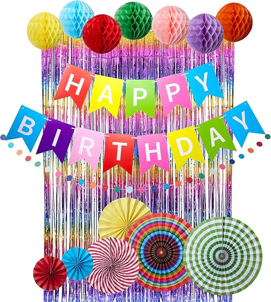 Rainbow Birthday Party Decorations Kit, 16 PCS Colorful Happy Birthday Banner with Foil Fringe Curtain, Paper Fans, Honeycomb Balls and Circle Dots Garland, Photo Backdrop Birthday Party Decor Baby Shower for Girls Boys Women