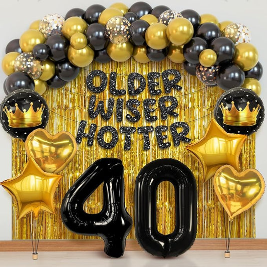 KatchOn, Happy Birthday Decorations Set - Pack of 50 | Older Wiser Hotter Banner, Latex Balloons Arch Kit, Gold Foil Fringe, Star, Round, Heart Foil Balloons | 40th Birthday Decorations for Women, Men