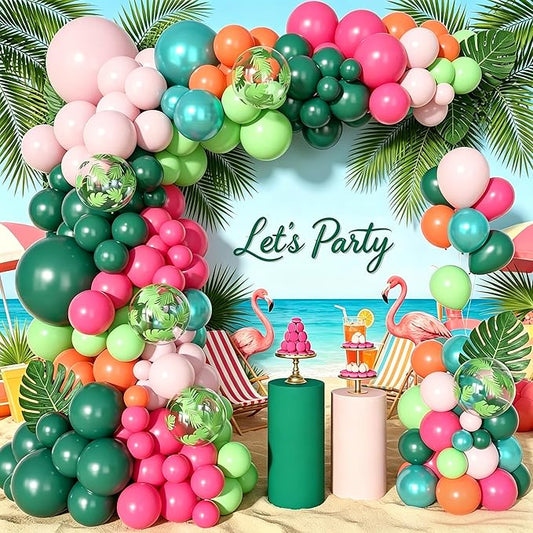 Ouddy Life 156pcs Tropical Balloons Arch Garland Kit, Hawaiian Summer Luau Party Decorations, Hot Pink Dark Green Orange Palm Leaves Balloons for Aloha Flamingo Beach Pool Baby Shower Birthday Decor