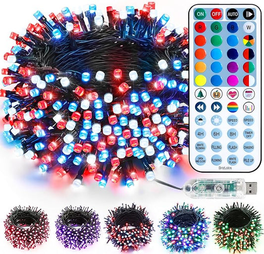 BrizLabs RGB Color Changing String Lights, 33FT 100 LED Red White Blue String Lights with Remote, Dimmable July 4th Patriotic Light String USB Mini Christmas Light for Indoor Xmas Halloween Party Tree