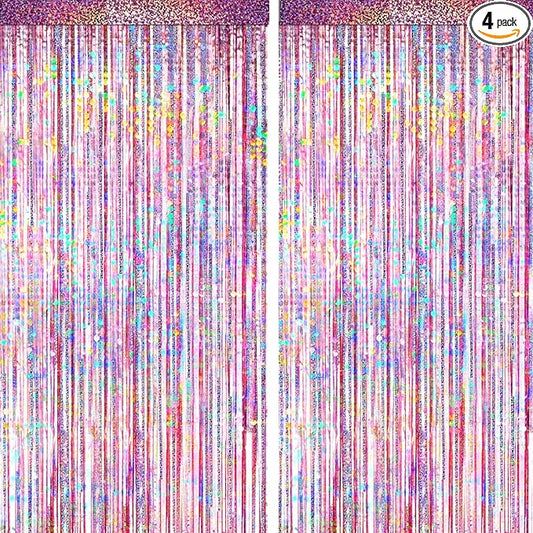 4 Packs Pink Foil Fringe Curtain, Pink Glitter Metallic Tinsel Backdrop for Birthday, Wedding, Baby Shower, Princess Bachelorette Cowgirl Party Decorations Supplies