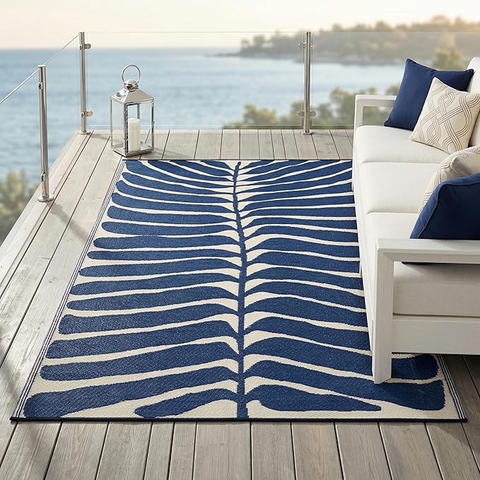 Fab Habitat Tropical Botanical Floral Outdoor Rug - Waterproof, Crease-Free Fade Resistant, Reversible - Recycled Plastic - Patio Porch Balcony Deck Yard Garden - Hilo Navy - 5x8 ft
