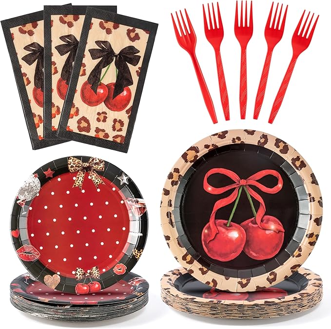 Haooryx Cheetah Cherry Tableware - 96Pcs Red Cherry Bow Leopard Print Decor Red and Black Fruit Themed Disposable Plates Napkins Forks for Girls Birthday Wedding Holiday Party Table Decoration Supply