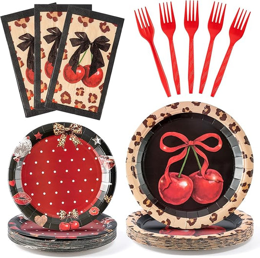 Haooryx Cheetah Cherry Tableware - 96Pcs Red Cherry Bow Leopard Print Decor Red and Black Fruit Themed Disposable Plates Napkins Forks for Girls Birthday Wedding Holiday Party Table Decoration Supply