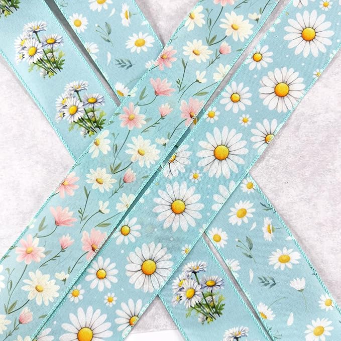 Spring Daisy Wired Edge Ribbon, 2.5 Inch Turquoise Blue with White Pink Floral Printed Ribbon, 4 Rolls for Birthday Wedding Bridal Baby Shower DIY Wrapping Mother's Day Party Decor (Turquoise Blue)