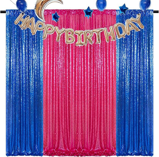 DUOBAO Blue & Hot Pink Sequin Backdrop Kit - 4 Panels 2FTx8FT Collapsible Seamless Curtains for Baby Shower, Graduation Party & Photography