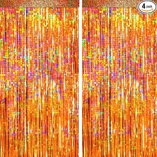 4 Packs Orange Foil Fringe Curtain, Orange Glitter Metallic Tinsel Backdrop for Birthday, Wedding, Baby Shower, Halloween, Thanksgiving, Friendsgiving, Fall Party Decorations Supplies