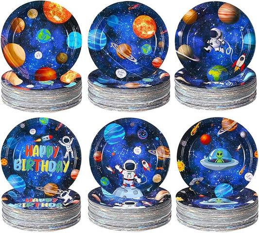 Funnymoom 60 Pcs Outer Space Birthday Party Supplies 7 Inch Solar System Paper Plates Astronaut Dessert Plates Space Theme Party dishes for Birthday Baby Shower Decorations