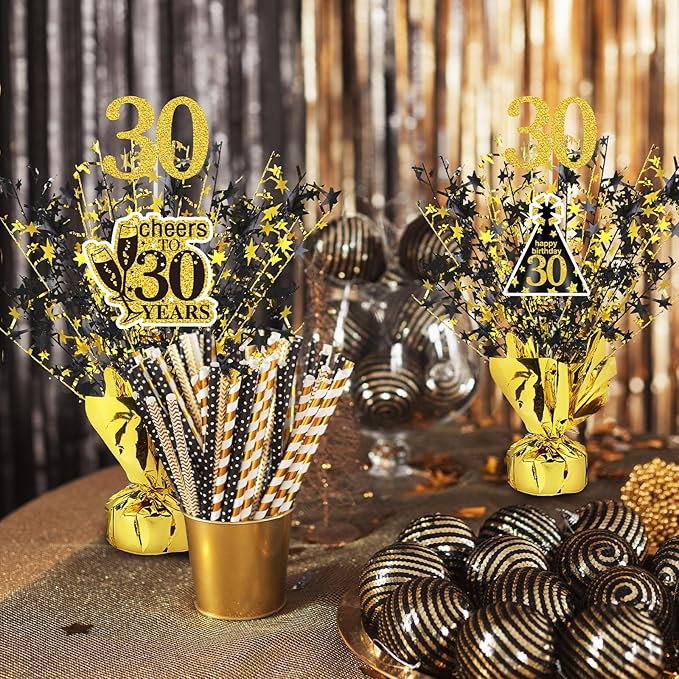 Tatuo 4 Pcs Metallic Foil Spray Centerpiece Happy 30th 40th 50th 60th Years Centerpiece Table Decorations for Black and Gold Birthday Anniversary Wedding Party Table Decor(30th Birthday)