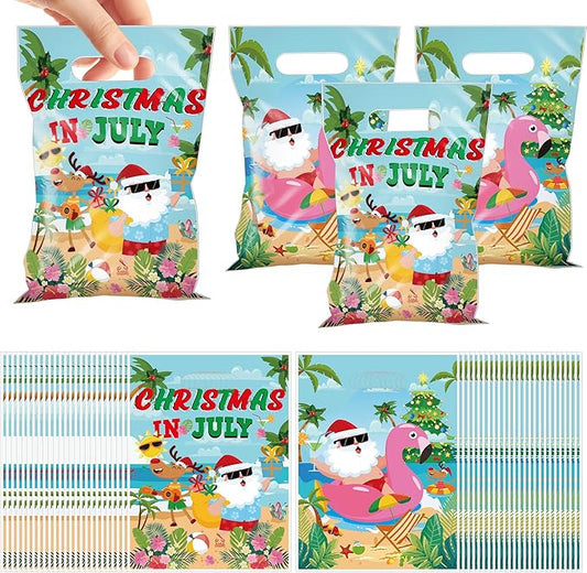 MOIZYNG Christmas in July Decorations, 50Pcs Christmas in July Plastic Candy Treat Goodie Gift Bags with Handles, Summer Hawaiian Beach Pool Party Favors Supplies
