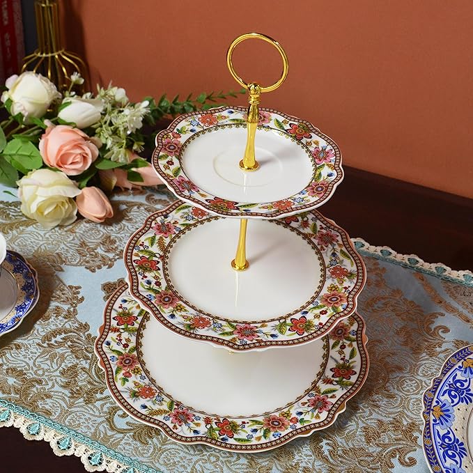 ACMLIFE 3 Tier Cupcake Stands for Dessert Table, Vintage Floral Round Cupcake Stand, Bone China Cake and Cupcake Stand for Party, Birthday, Weddings, Pink