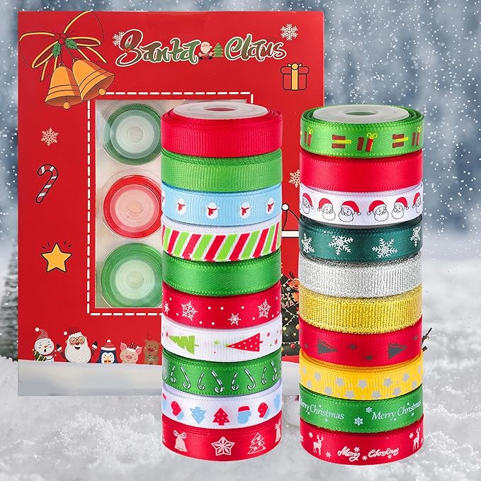20 Rolls 100 Yards Christmas Ribbon for Gift Wrapping, 3/8 Inch Printed Christmas Grosgrain Ribbon, Christmas Ribbon for Gift Wrapping Crafts DIY Holiday Xmas Decorations