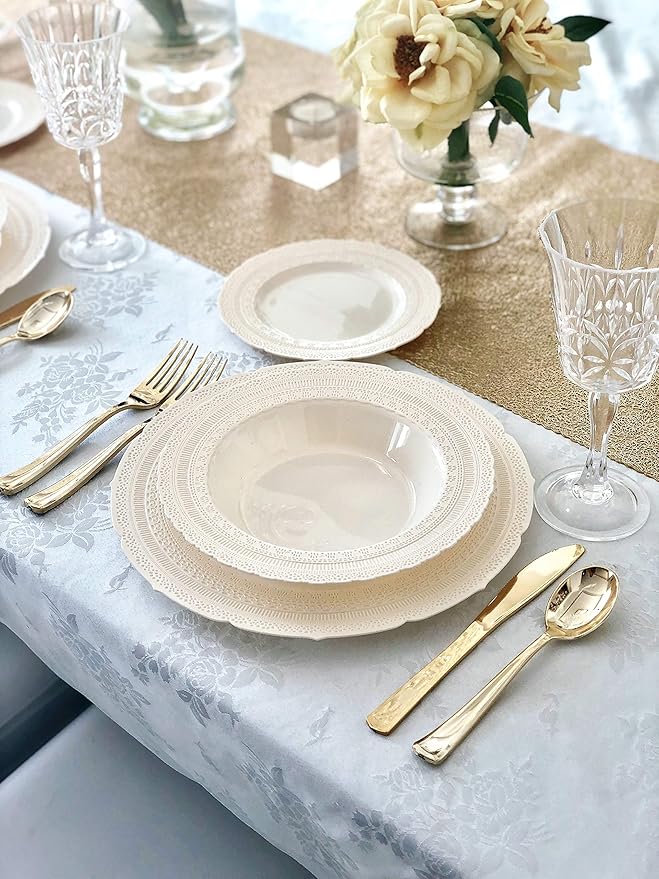 OCCASIONS 120 Guests Heavy Duty Disposable Plastic Plates Set ??11" Dinner & 8.25" Salad Plates, Premium Reusable Party Plates for Weddings, Events, Fancy Dinnerware ??Chateau Ivory