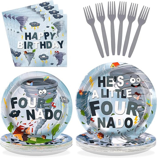 96Pcs Fournado Birthday Party Decorations 4th Birthday Boy Plates and Napkins Disposable He is a Little Four Nado Four Nado Tableware for Boys Kids 4 Year Old Party Supplies, Serves 24