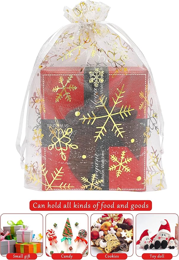 Jexila 100PCS Christmas Organza Gift Bags 4X6 inches Small Mesh Christmas Drawstring Goodie Candy Treat Bags for Holiday Xmas Party Favor