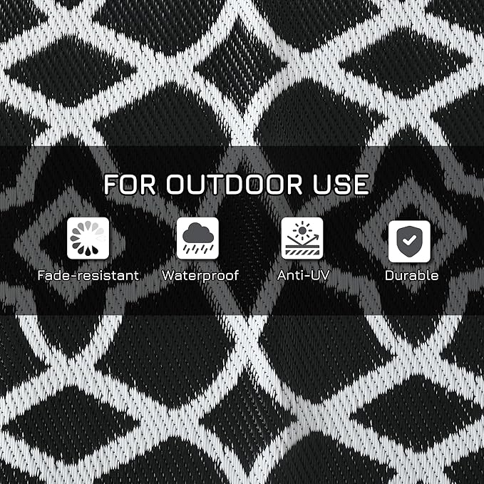 Outsunny Outdoor Rug for Patio, 9' x 18' Waterproof Large Mat, Reversible Plastic Straw Rug for Decor, Portable Outside RV Camping Area Carpet Mat for Backyard Porch Deck Picnic, Black & White Clover